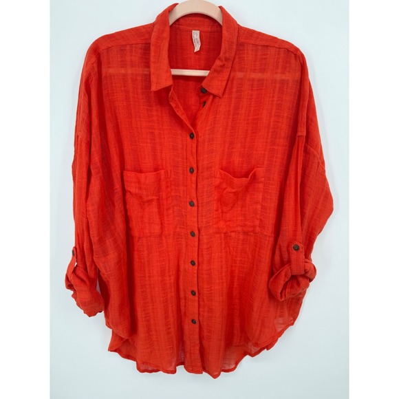 Free People Tops - Free People Button Down Shirt Womens LG Orange Gauze Oversized Split Back Top